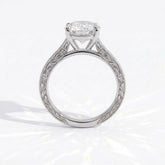 Round lab-grown diamond vintage engraved solitaire engagement ring in 18K (750) white gold, profile view showing the gallery 
