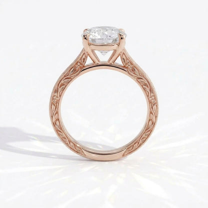 Round lab-grown diamond vintage engraved solitaire engagement ring in 18K (750) rose gold, profile view showing the gallery 
