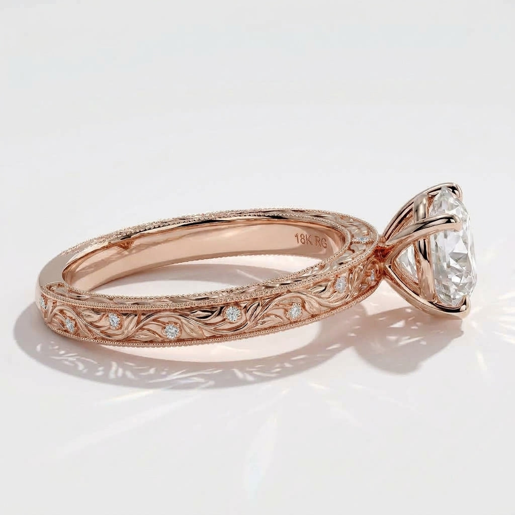 Round lab-grown diamond vintage engraved solitaire engagement ring in 18K (750) rose gold, close-up of the hand-engraved band 