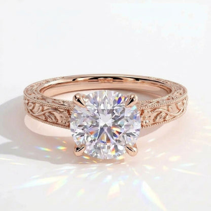 Round lab-grown diamond vintage engraved solitaire engagement ring in 18K (750) rose gold, front view 