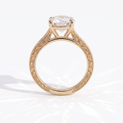 Round lab-grown diamond vintage engraved solitaire engagement ring in 18K (750) yellow gold, profile view showing the gallery 