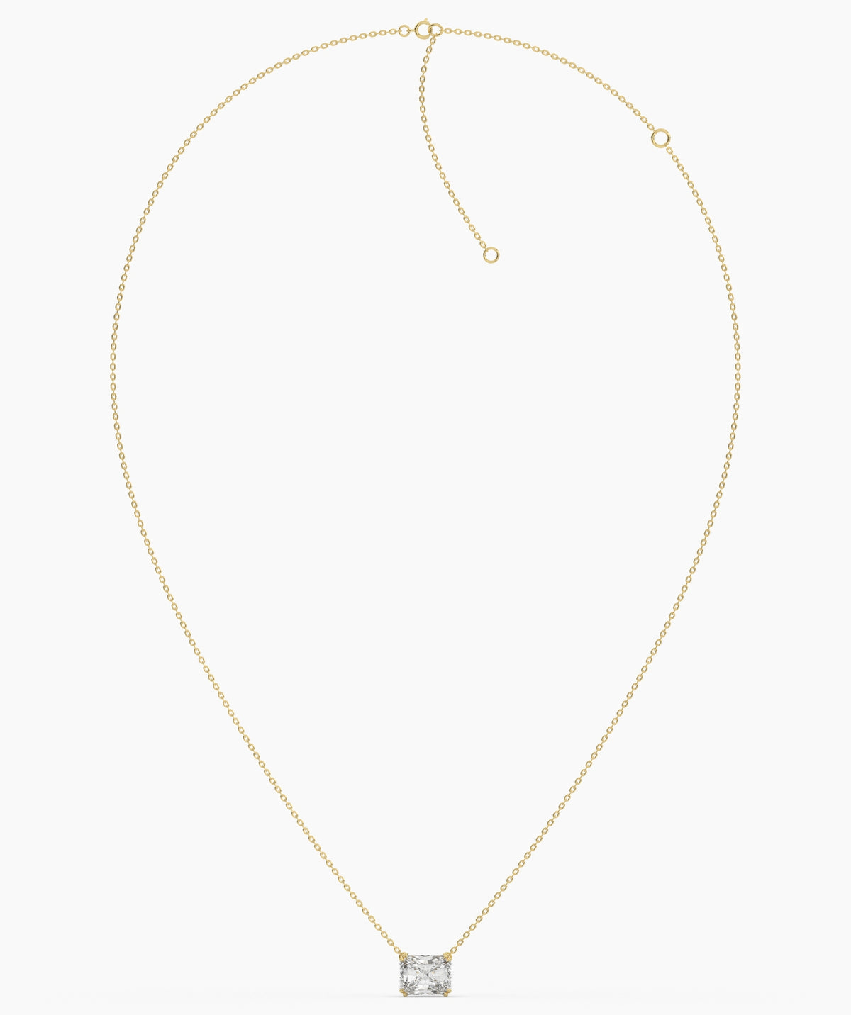 Celeste east-west radiant cut lab-grown diamond solitaire pendant necklace in 14K (585) yellow gold, chain laid out with clasp 