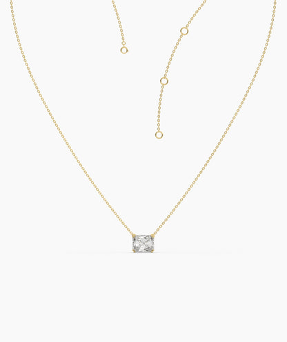 Celeste east-west radiant cut lab-grown diamond solitaire pendant necklace in 14K (585) yellow gold, adjustable chain detail 