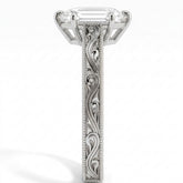 Hexagon step-cut lab-grown diamond vintage filigree solitaire engagement ring in 14K (585) white gold, close-up of the filigree band 