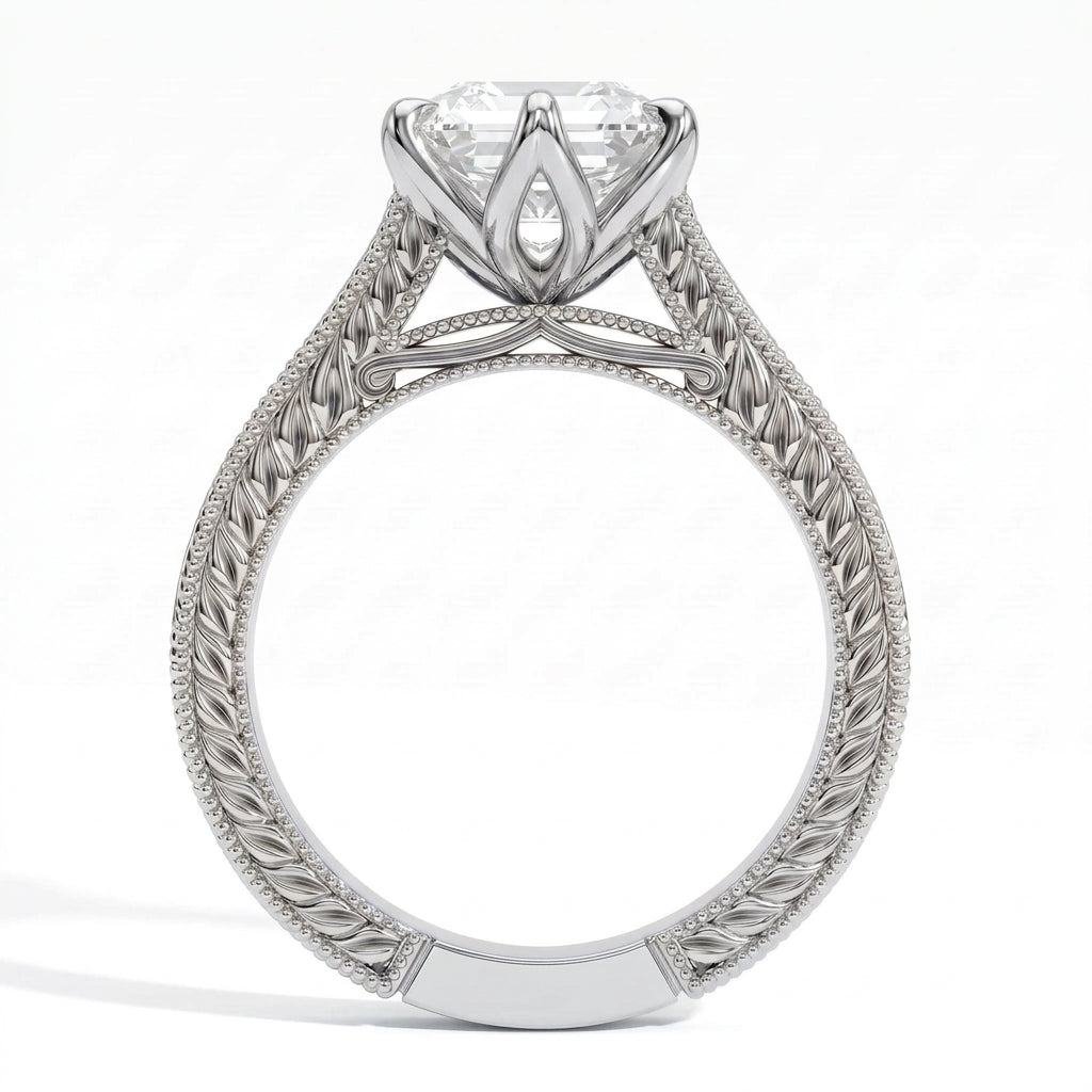 Hexagon step-cut lab-grown diamond vintage filigree solitaire engagement ring in 14K (585) white gold, profile view showing the gallery 