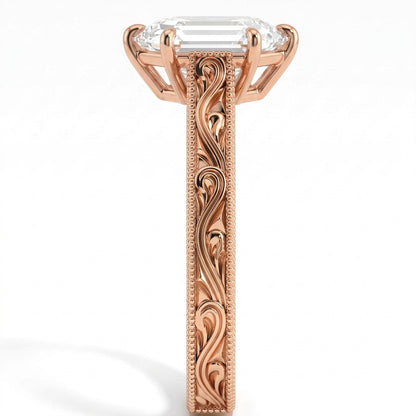 Hexagon step-cut lab-grown diamond vintage filigree solitaire engagement ring in 14K (585) rose gold, close-up of the filigree band 