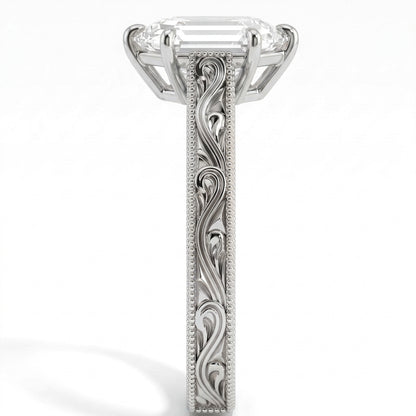 Hexagon step-cut lab-grown diamond vintage filigree solitaire engagement ring in 18K (750) white gold, close-up of the filigree band 