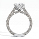 Hexagon step-cut lab-grown diamond vintage filigree solitaire engagement ring in 18K (750) white gold, profile view showing the gallery 