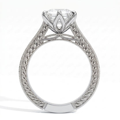 Hexagon step-cut lab-grown diamond vintage filigree solitaire engagement ring in 18K (750) white gold, profile view showing the gallery 