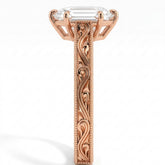Hexagon step-cut lab-grown diamond vintage filigree solitaire engagement ring in 18K (750) rose gold, close-up of the filigree band 