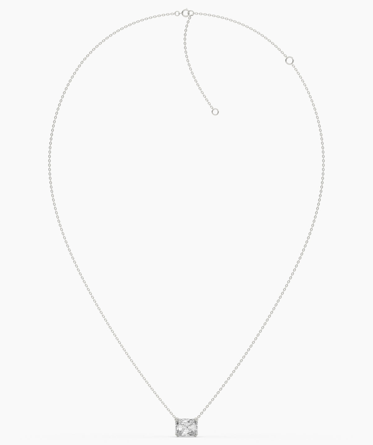 Celeste east-west radiant cut lab-grown diamond solitaire pendant necklace in 14K (585) white gold, chain laid out with clasp 