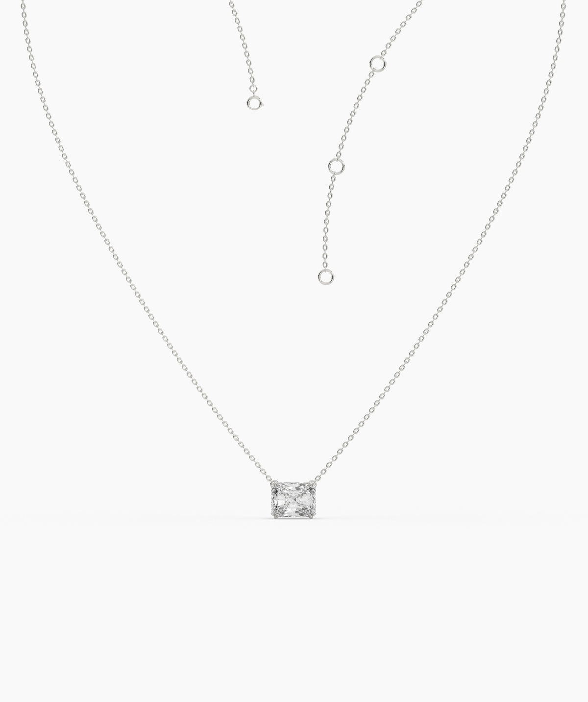 Celeste east-west radiant cut lab-grown diamond solitaire pendant necklace in 14K (585) white gold, adjustable chain detail 