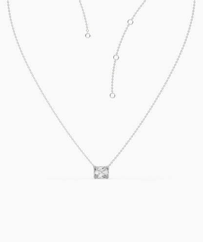 Celeste east-west radiant cut lab-grown diamond solitaire pendant necklace in 14K (585) white gold, adjustable chain detail 