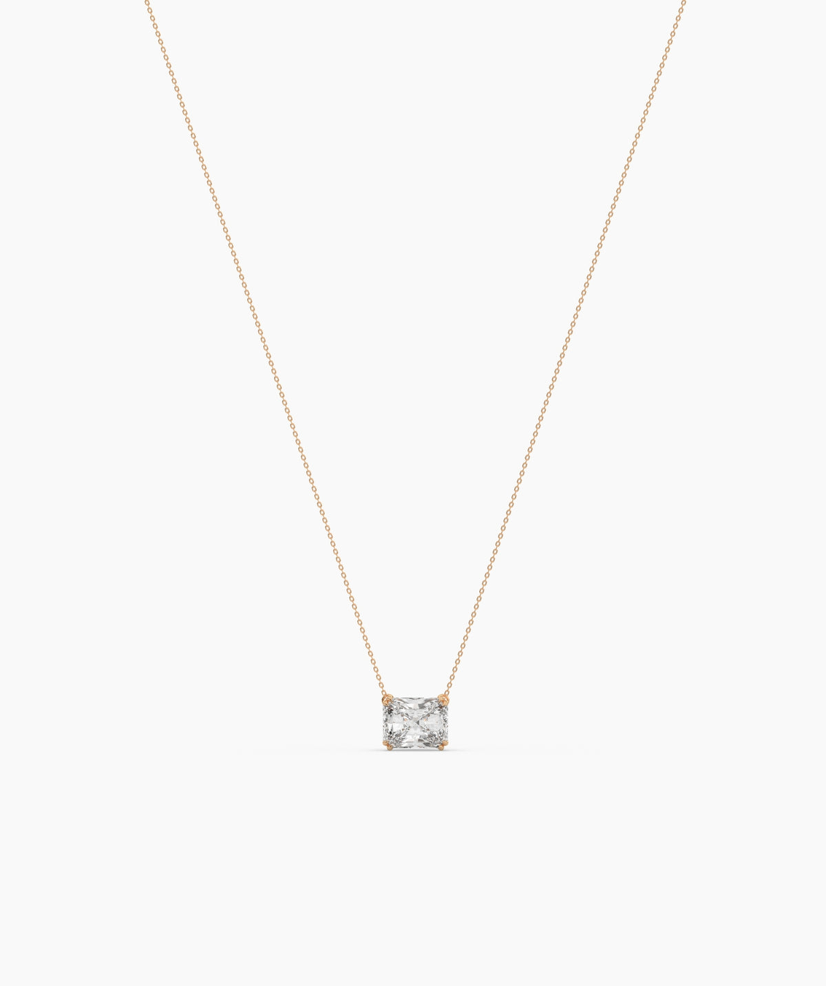 Celeste east-west radiant cut lab-grown diamond solitaire pendant necklace in 14K (585) rose gold, full necklace view 
