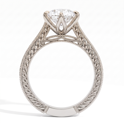 Marquise lab-grown diamond vintage filigree solitaire engagement ring in 14K (585) white gold, profile view showing the gallery 
