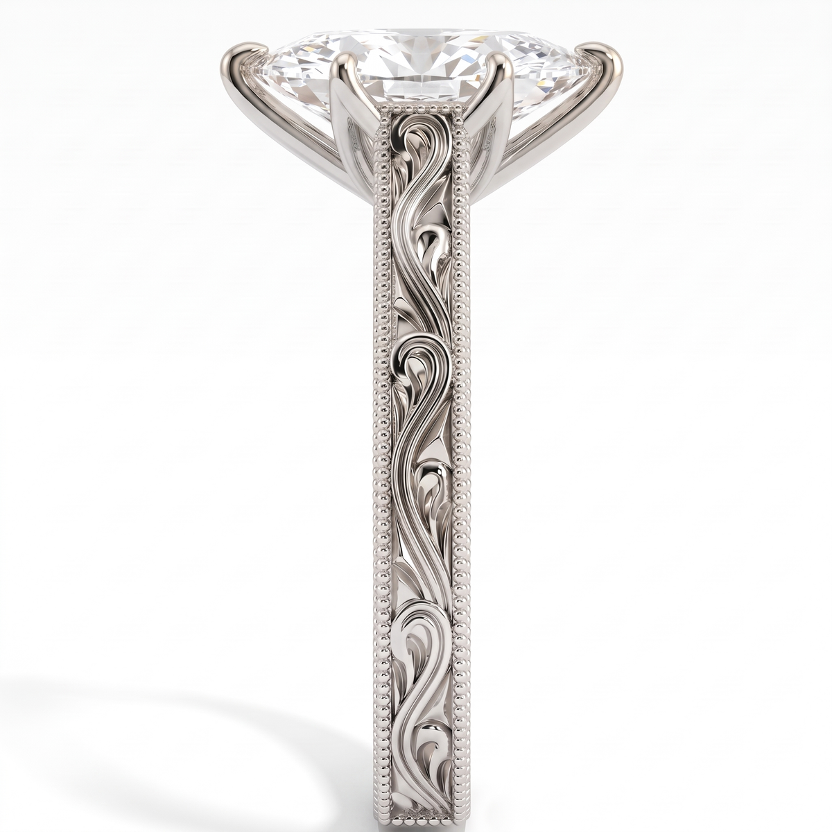 Marquise lab-grown diamond vintage filigree solitaire engagement ring in 18K (750) white gold, close-up of the filigree band 