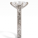 Marquise lab-grown diamond vintage filigree solitaire engagement ring in 18K (750) white gold, close-up of the filigree band 