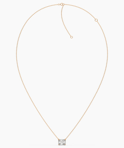 Celeste east-west radiant cut lab-grown diamond solitaire pendant necklace in 14K (585) rose gold, chain laid out with clasp 