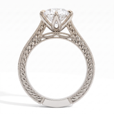 Marquise lab-grown diamond vintage filigree solitaire engagement ring in 18K (750) white gold, profile view showing the gallery 
