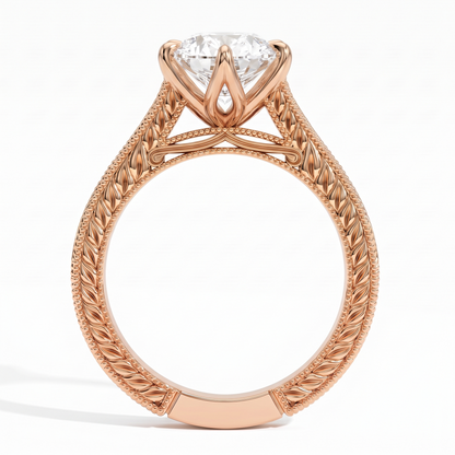 Marquise lab-grown diamond vintage filigree solitaire engagement ring in 14K (585) rose gold, profile view showing the gallery 