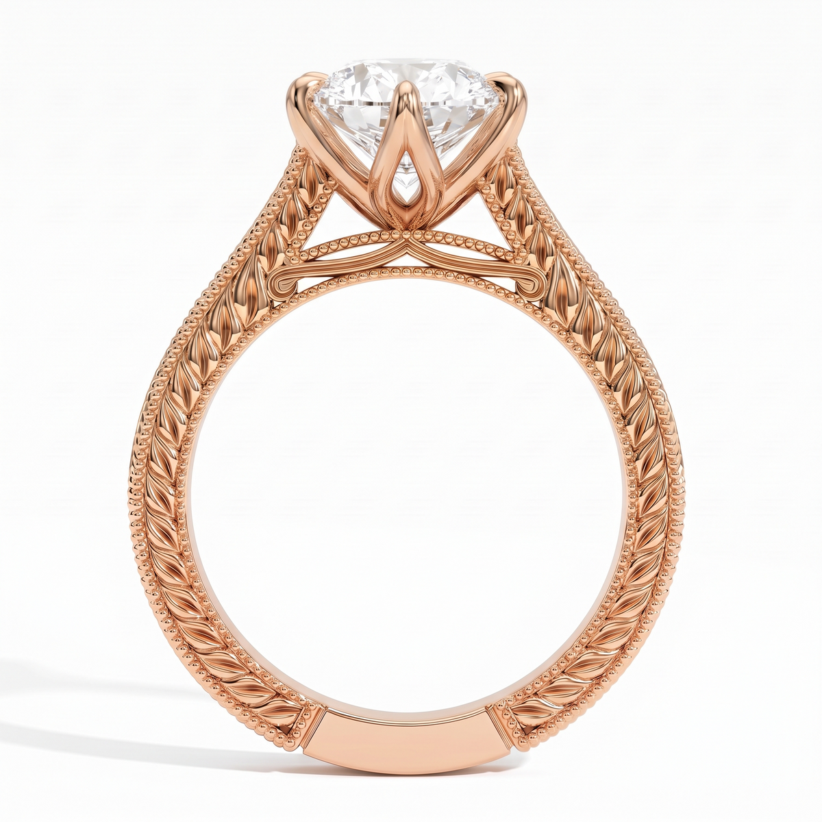 Marquise lab-grown diamond vintage filigree solitaire engagement ring in 18K (750) rose gold, profile view showing the gallery 