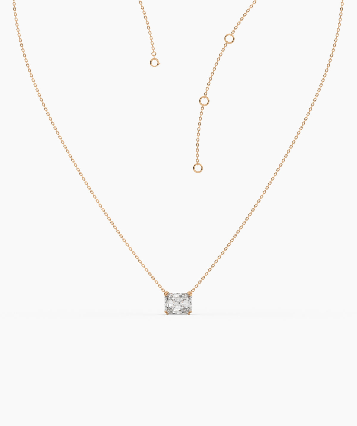 Celeste east-west radiant cut lab-grown diamond solitaire pendant necklace in 14K (585) rose gold, adjustable chain detail 
