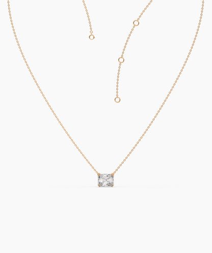 Celeste east-west radiant cut lab-grown diamond solitaire pendant necklace in 14K (585) rose gold, adjustable chain detail 