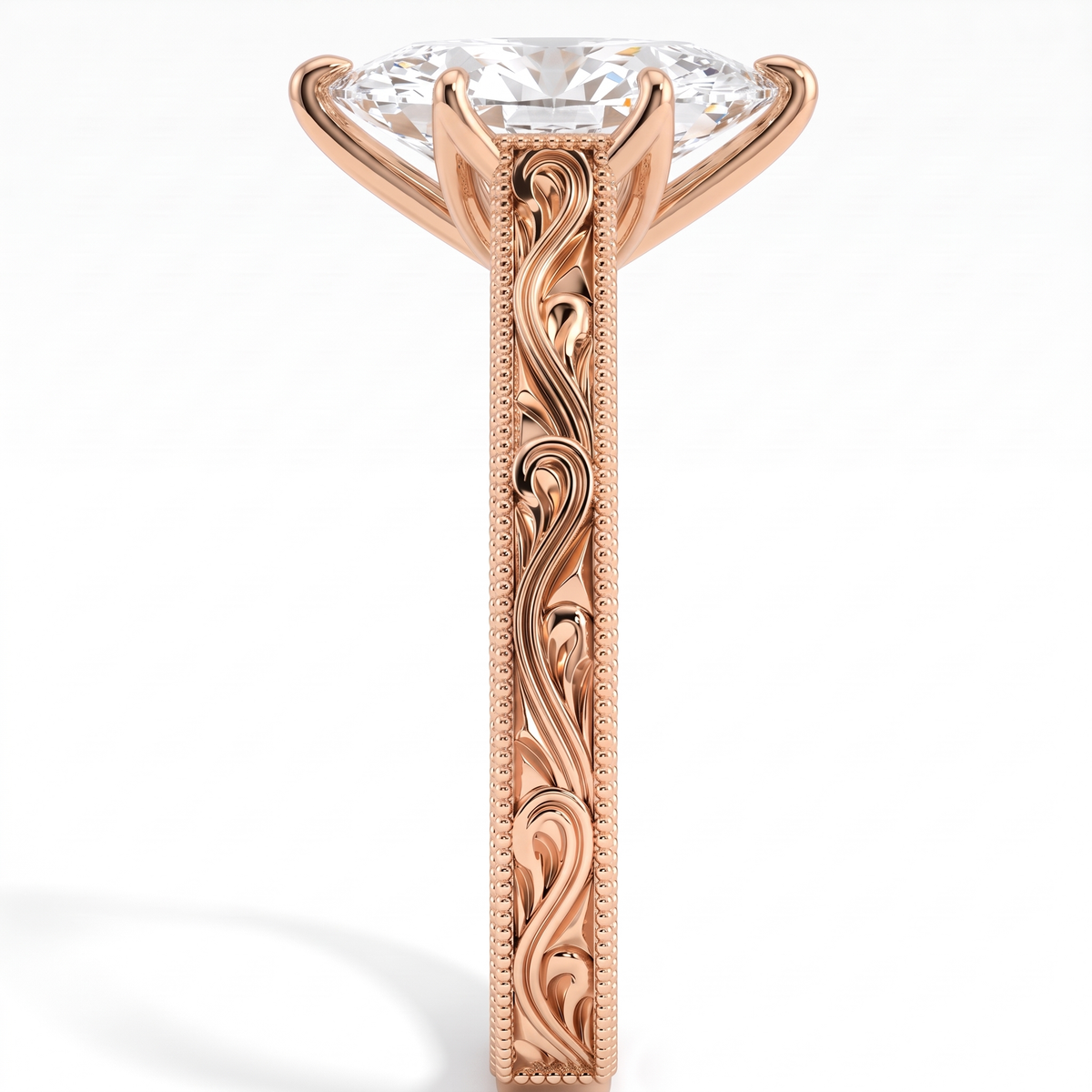 Marquise lab-grown diamond vintage filigree solitaire engagement ring in 18K (750) rose gold, close-up of the filigree band 