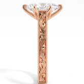 Marquise lab-grown diamond vintage filigree solitaire engagement ring in 18K (750) rose gold, close-up of the filigree band 
