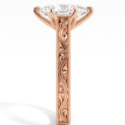 Marquise lab-grown diamond vintage filigree solitaire engagement ring in 18K (750) rose gold, close-up of the filigree band 