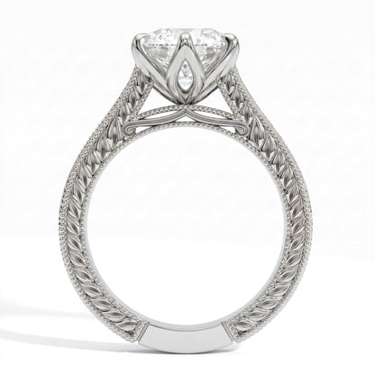 Round lab-grown diamond vintage filigree solitaire engagement ring in 14K (585) white gold, profile view showing the gallery 