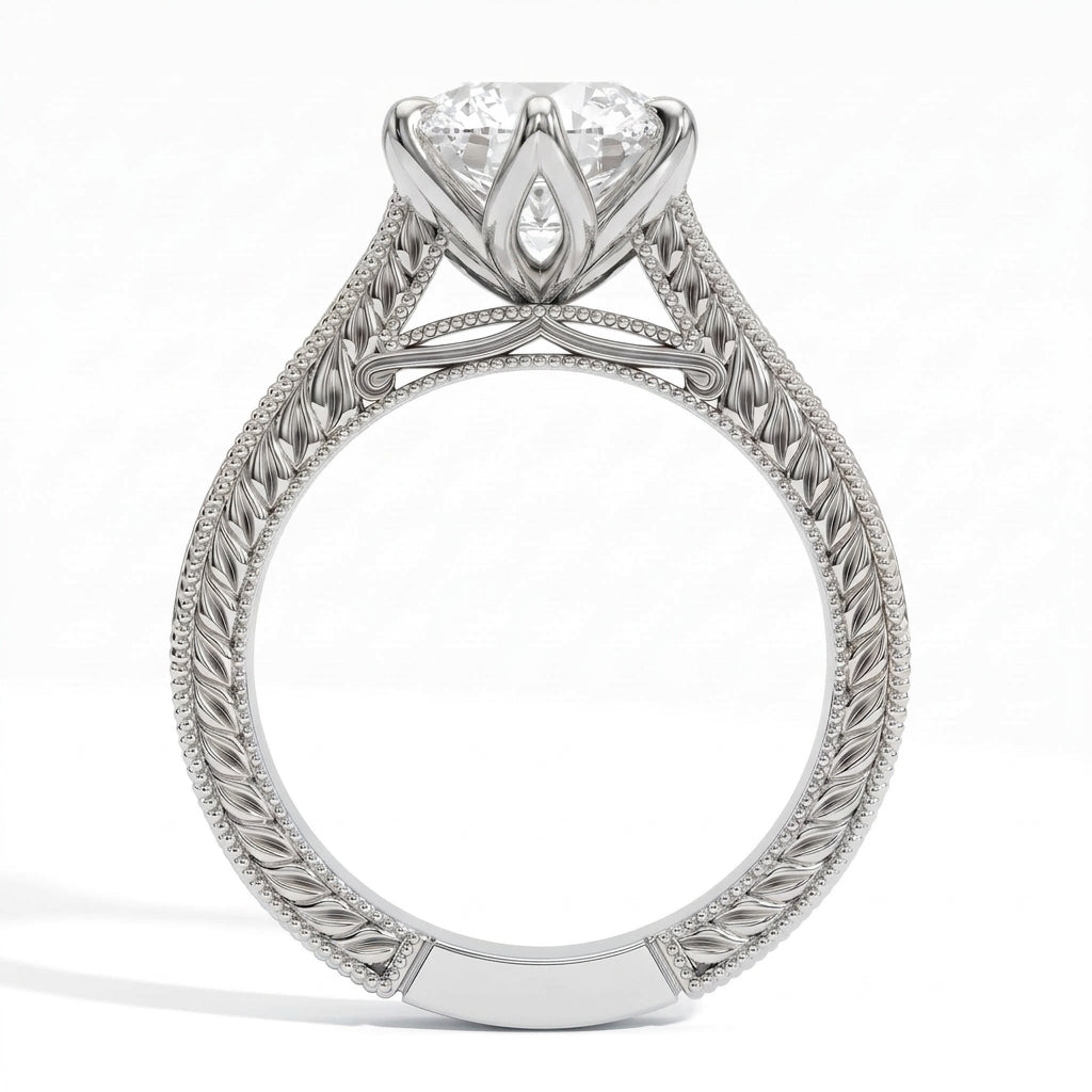 Round lab-grown diamond vintage filigree solitaire engagement ring in 18K (750) white gold, profile view showing the gallery 