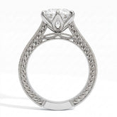 Round lab-grown diamond vintage filigree solitaire engagement ring in 18K (750) white gold, profile view showing the gallery 