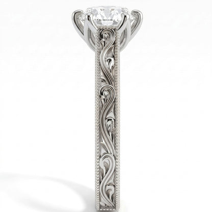 Round lab-grown diamond vintage filigree solitaire engagement ring in 18K (750) white gold, close-up of the filigree band 