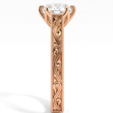 Round lab-grown diamond vintage filigree solitaire engagement ring in 14K (585) rose gold, close-up of the filigree band 