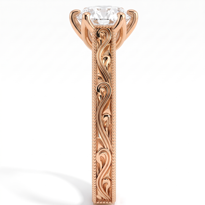 Round lab-grown diamond vintage filigree solitaire engagement ring in 14K (585) rose gold, close-up of the filigree band 