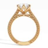 Hexagon step-cut lab-grown diamond vintage filigree solitaire engagement ring in 18K (750) yellow gold, profile view showing the gallery 