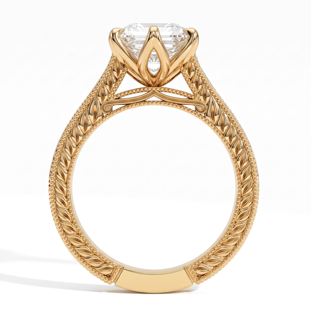 Hexagon step-cut lab-grown diamond vintage filigree solitaire engagement ring in 18K (750) yellow gold, profile view showing the gallery 