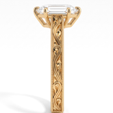 Hexagon step-cut lab-grown diamond vintage filigree solitaire engagement ring in 18K (750) yellow gold, close-up of the filigree band 