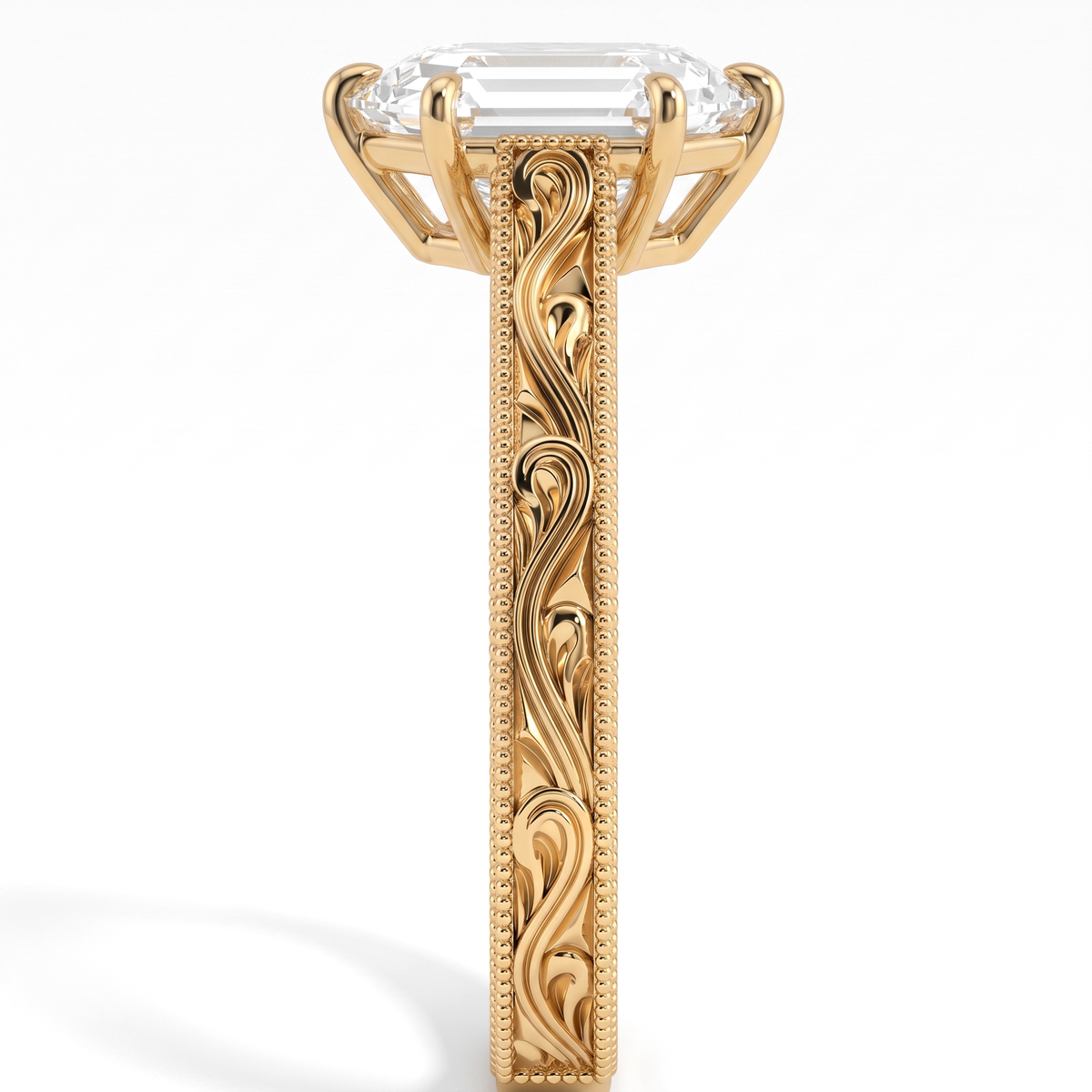 Hexagon step-cut lab-grown diamond vintage filigree solitaire engagement ring in 18K (750) yellow gold, close-up of the filigree band 