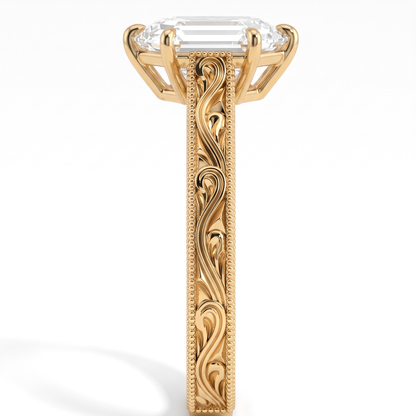 Hexagon step-cut lab-grown diamond vintage filigree solitaire engagement ring in 18K (750) yellow gold, close-up of the filigree band 