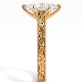 Marquise lab-grown diamond vintage filigree solitaire engagement ring in 18K (750) yellow gold, close-up of the filigree band 