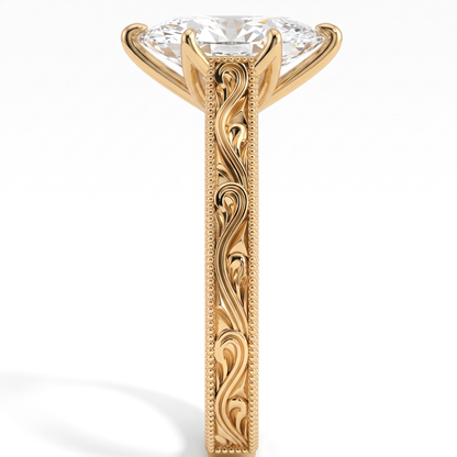 Marquise lab-grown diamond vintage filigree solitaire engagement ring in 14K (585) yellow gold, close-up of the filigree band 