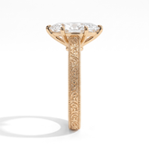 Marquise lab-grown diamond vintage engraved solitaire engagement ring in 14K (585) yellow gold, close-up of the hand-engraved band 