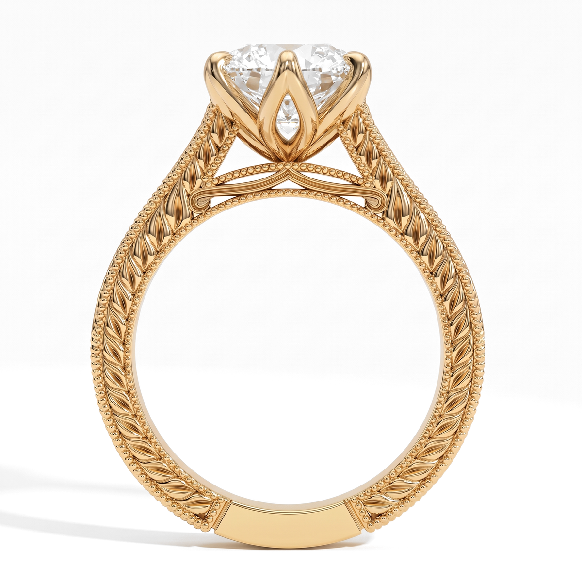 Round lab-grown diamond vintage filigree solitaire engagement ring in 18K (750) yellow gold, profile view showing the gallery 