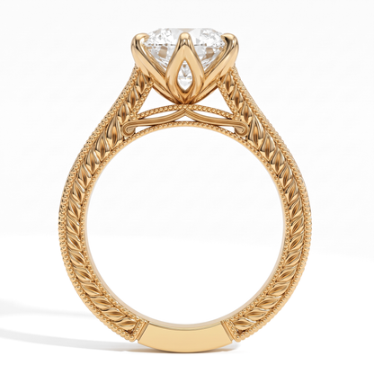 Round lab-grown diamond vintage filigree solitaire engagement ring in 14K (585) yellow gold, profile view showing the gallery 
