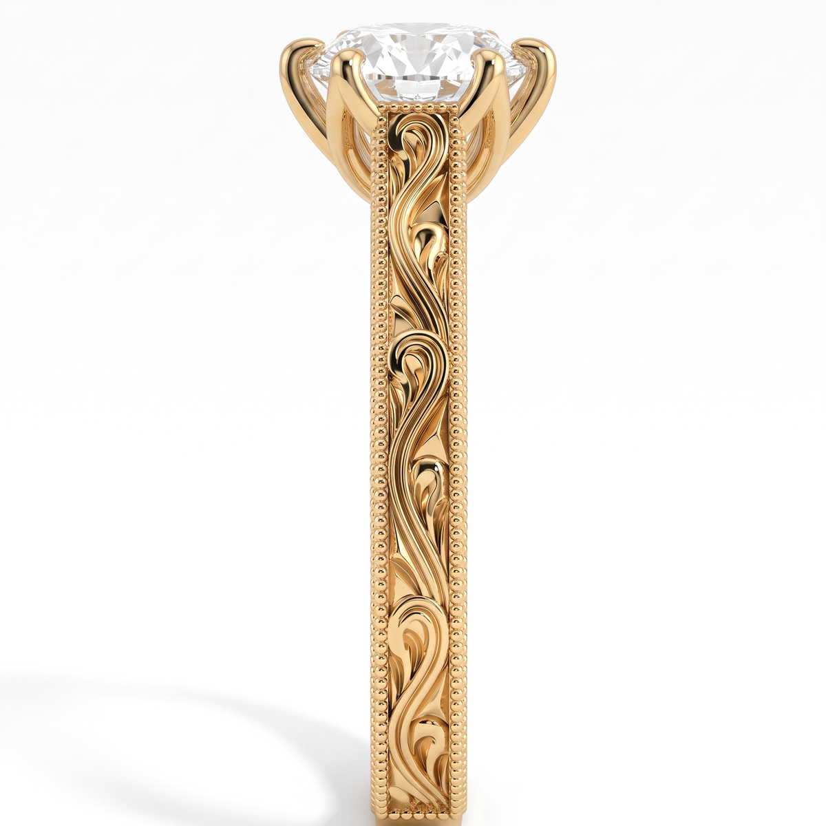 Round lab-grown diamond vintage filigree solitaire engagement ring in 18K (750) yellow gold, close-up of the filigree band 