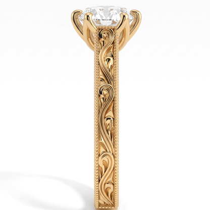 Round lab-grown diamond vintage filigree solitaire engagement ring in 14K (585) yellow gold, close-up of the filigree band 