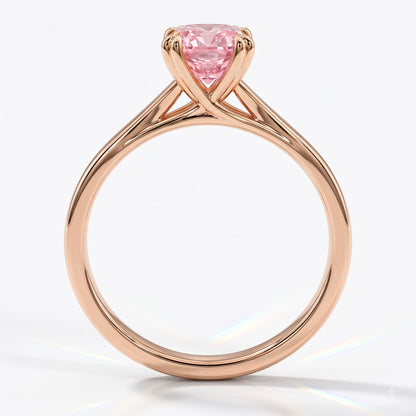 Fancy Vivid Pink cushion lab-grown diamond split shank ring in 14K (585) rose gold, front view 