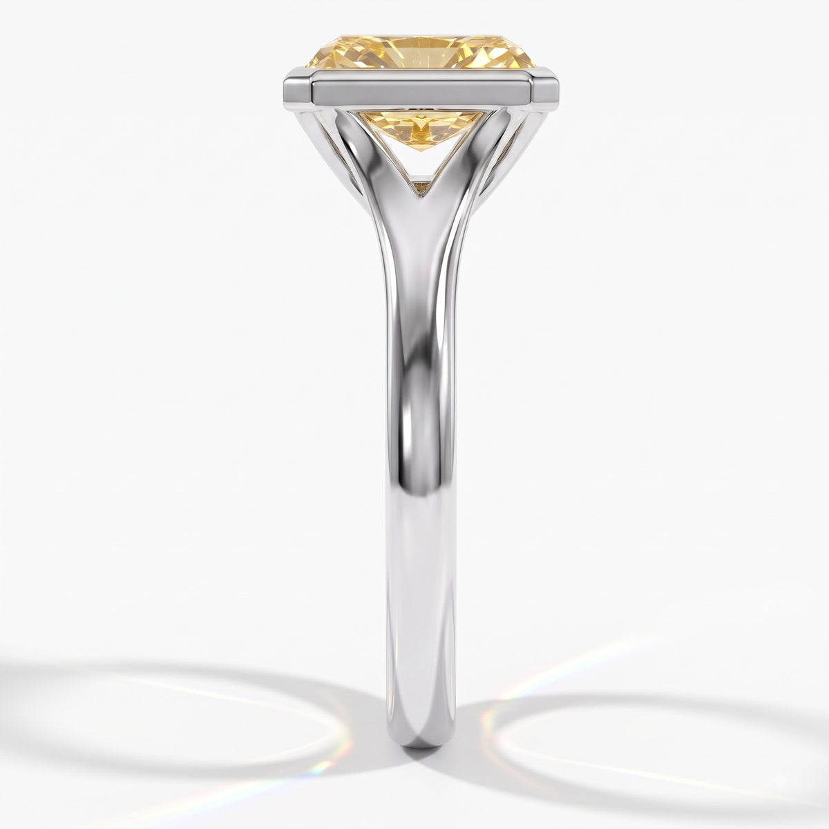 Fancy Vivid Yellow radiant lab-grown diamond bezel ring in 950 platinum, side profile 